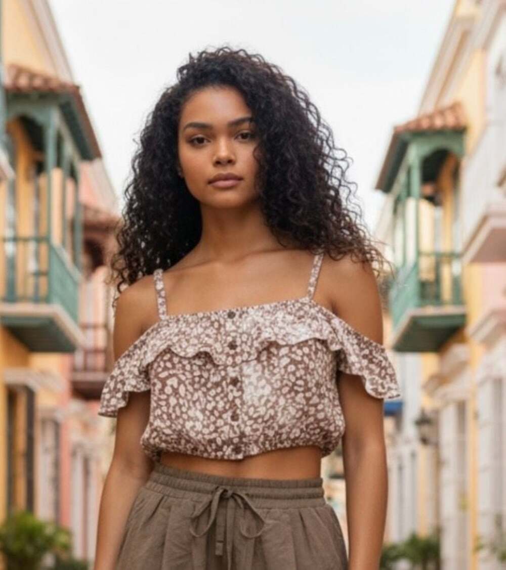 Le Lis Collection Leopard Print Cold Shoulder Button Front Crop Top